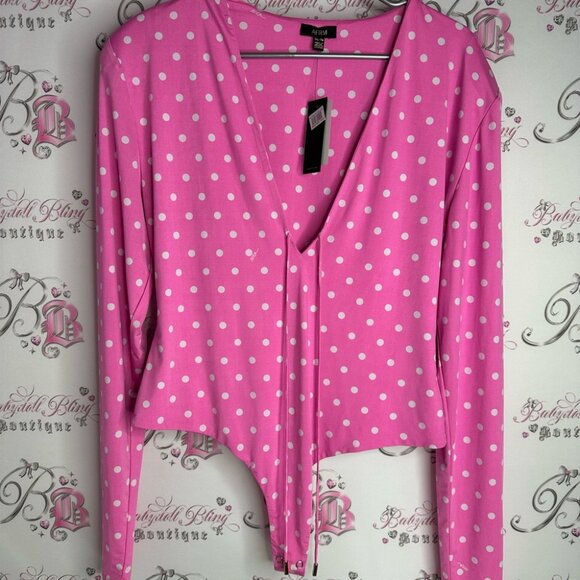 AFRM bodysuit Pink Polka Dot white brand new with tags XL Top stretchy cute - Picture 10 of 12